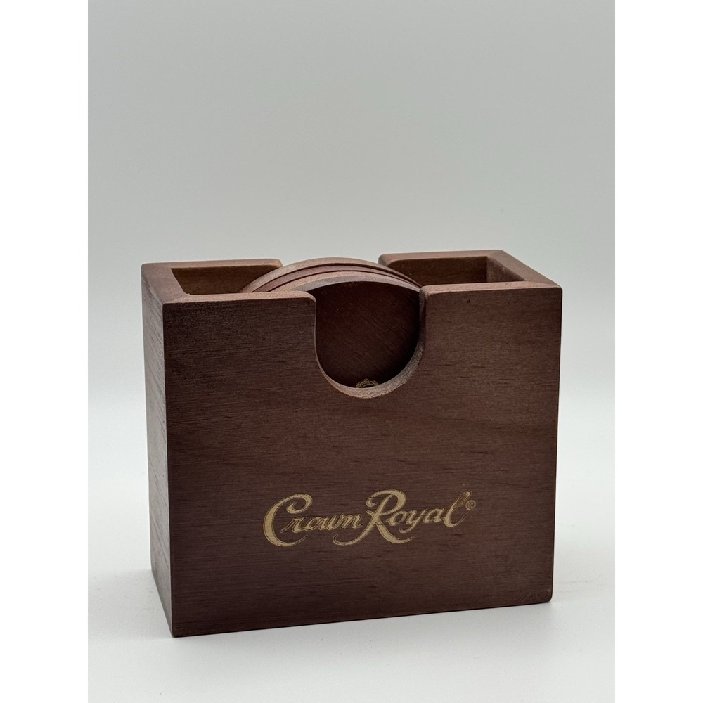 Crown Royal Wooden Bar Drink Coasters Set Of 4 Holder Collectible